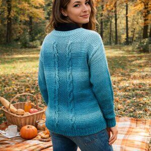 Hand Crafted Cable Knit Sweater Boat Neck Deep Teal Designer Original Winter